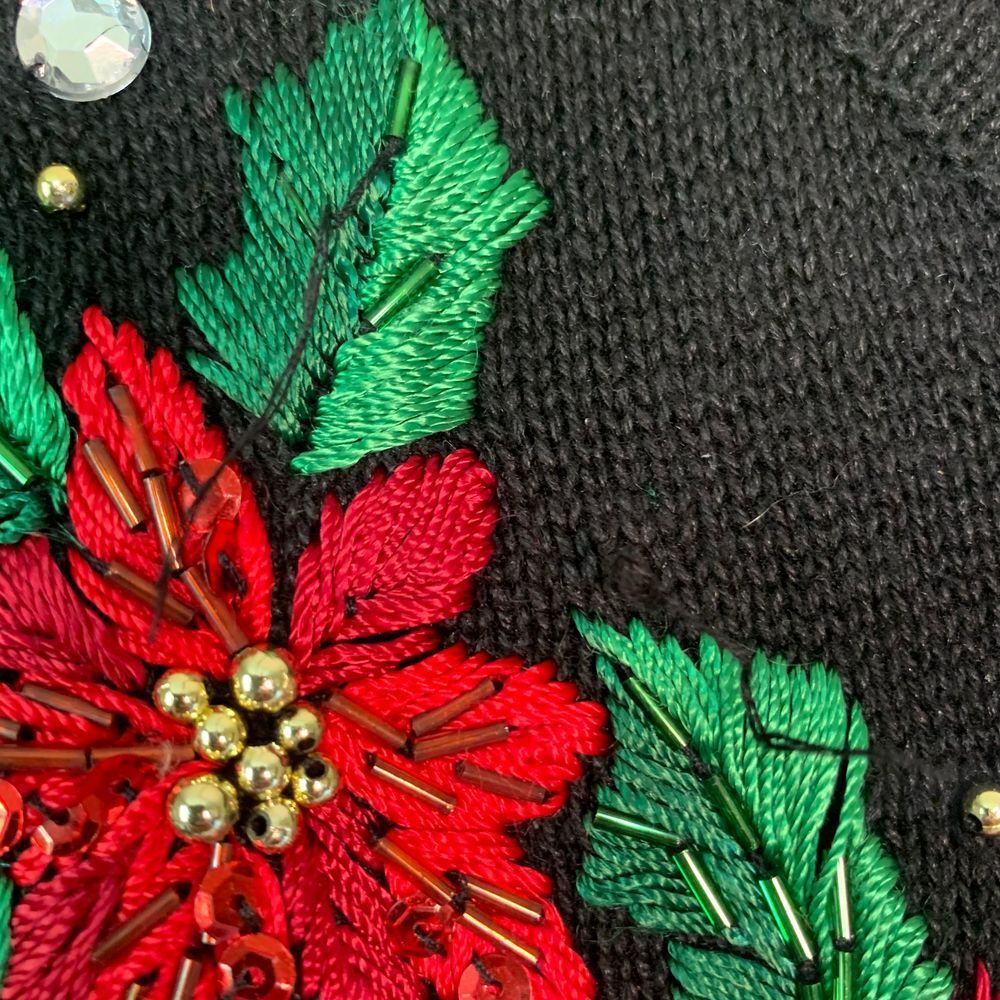Vintage Victoria Jones Poinsettia Ornament Black Embroidered Sequin Cardigan Med - Picture 11 of 11